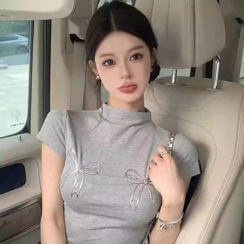 [260g cotton modal] shoulder silver bow printing round neck short sleeve short jacket gray