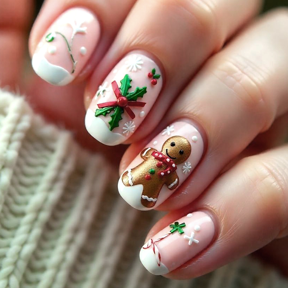 Nuevos productos transfronterizos Navidad en relieve de uñas, pan de jengibre, hombre de hoja de hiverno, estilo francés, 24 piezas de parches de uñas terminados.