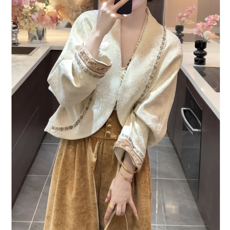 【星辰】秋季新款中式设计款茧型提花刺绣外套长袖高腰直筒长裤女|undefined