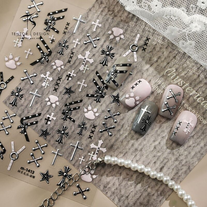 Tensor Sweet Cool Hot Girl Cross Strap Journal Nail Art Sticker Model M-1413 Punk Style Chrome Heart Cat Claw