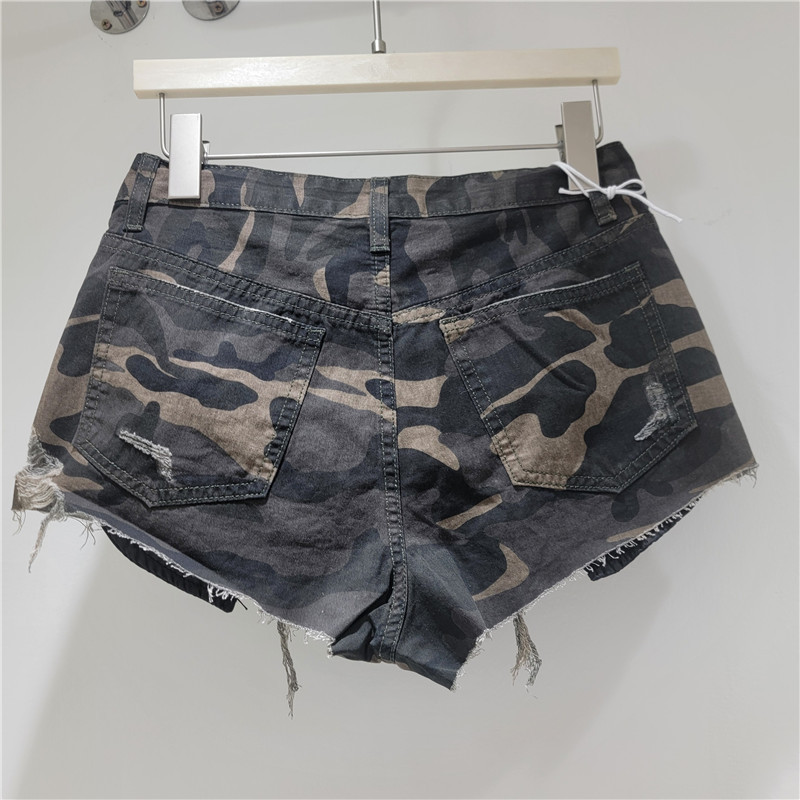 Shorts Cortos de Mezclilla con Camuflaje de Poliéster de Cintura Baja para Verano