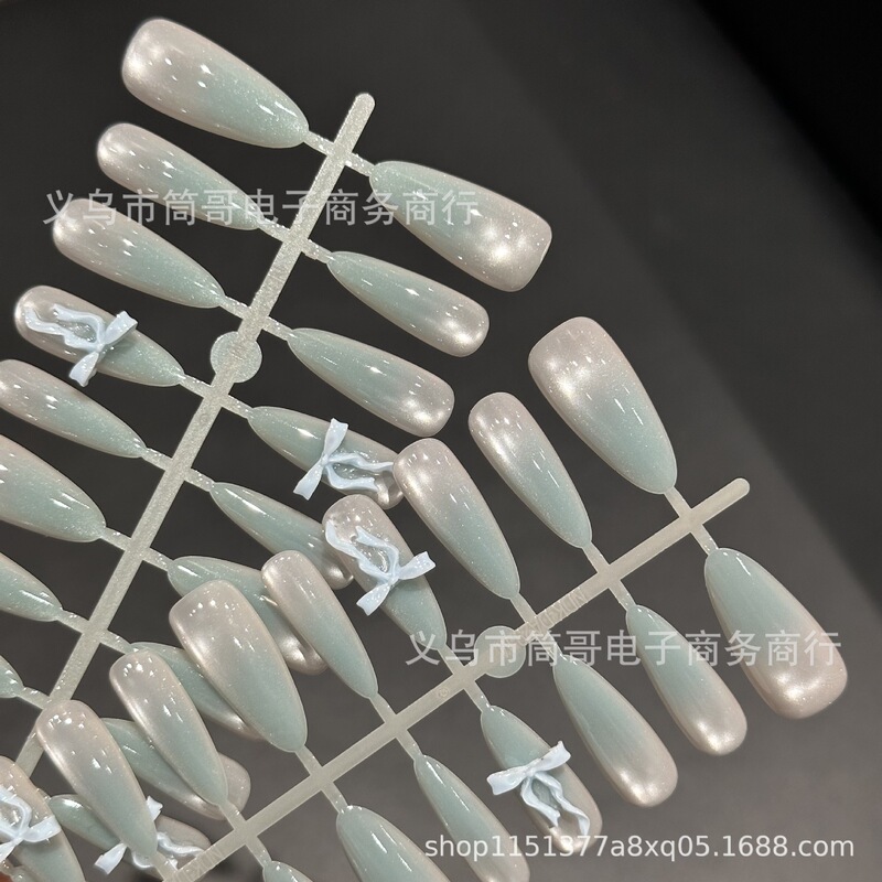Nail Art Patch Blue Glass Bead Gradient Bow Long Pointed Cat Eye Wearable Nails High-End Fake Nails Finished Batch