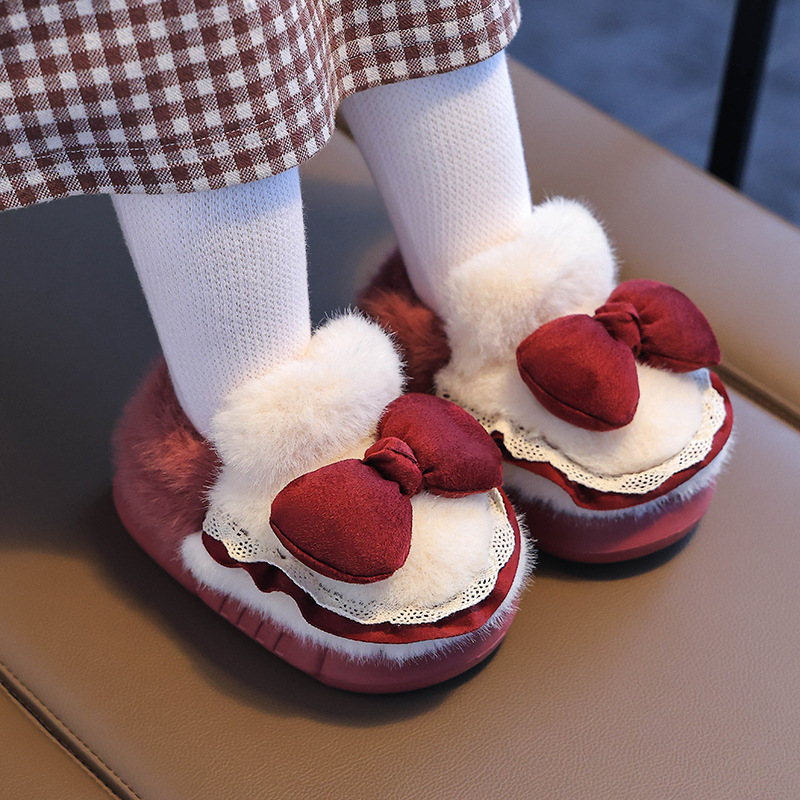 Zapatillas de algodón para niños tacones de invierno cálidos bolsas de arco casero tacones de EVA fondo antideslizante zapatos de algodón de lana para bebés