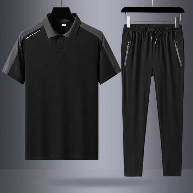Traje deportivo para hombres de verano de mediana edad casuales de hielo de manga corta polo camiseta pantalones largos grandes secado rápido dos piezas