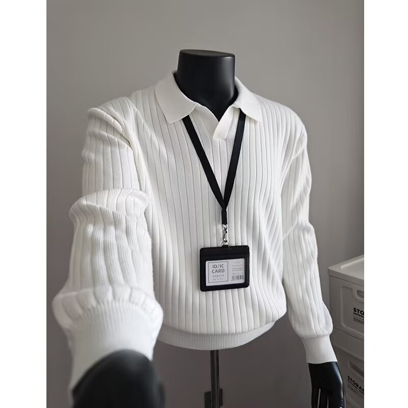 2025 White Pit Stripesd Half Turtleneck Knitwear Men's Autumn and Winter Lazy American Style Right Shoulder Knitwear Drop Shipping 2025 White Pit Stripesd Half Turtleneck Knitwear Men's Autumn and Winter Lazy American Style Right Shoulder Knitwear Drop Shipping