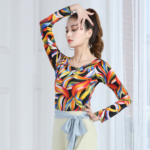 Latin dance tops for women, medium long sleeves, modern dance  new style dance, social dance practice clothes, square dance clothes