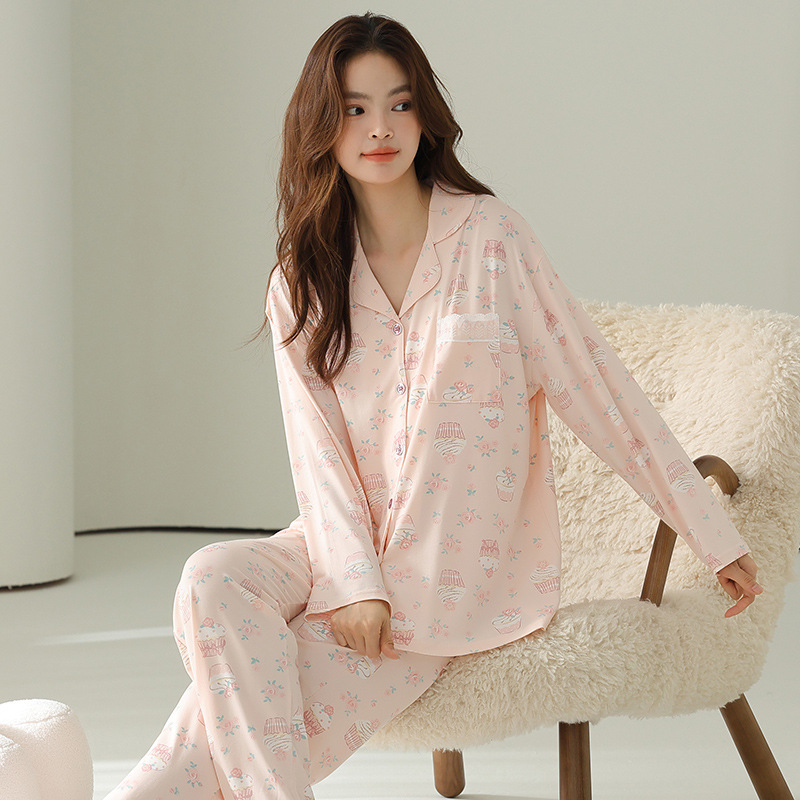 보습 TENCEL LYOCELL 코튼 파자마 여성 가을과 겨울 긴 소매 바지 편안한 외투 홈 의류 세트