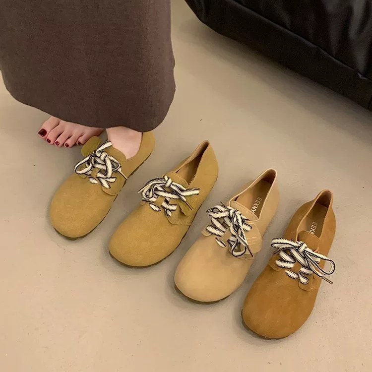 Ретро нишевые туфли женская весна 2025 новый шнуровка круглая голова модная дикая простая плоская повседневная женская обувь