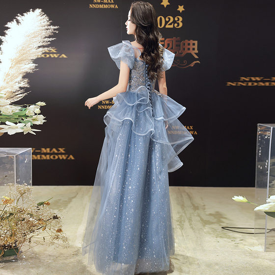Blue evening dress for women 2024 new winter elegant texture art exam annual meeting host dress banquet dress