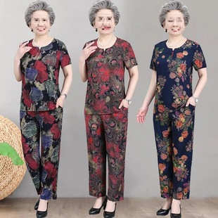 Summer Short-Sleeve Outfit for Elderly Women, Suitable for 60-70 Year Old Grandmothers, Made of Cotton Silk, Available in Plus Sizes, Two-Piece Set