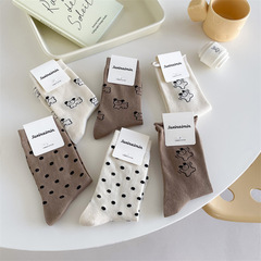 女襪秋冬新款 可愛小狗波點棉質中筒襪子女