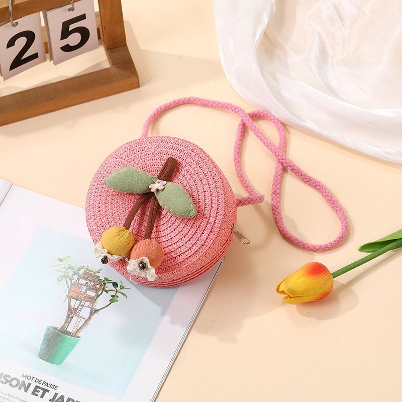 夏の海辺の子供用バッグ、スカート付きのかわいいチェリー織り、休暇用の麦わらバッグ、女の子の携帯電話のクロスボディバッグ|undefined