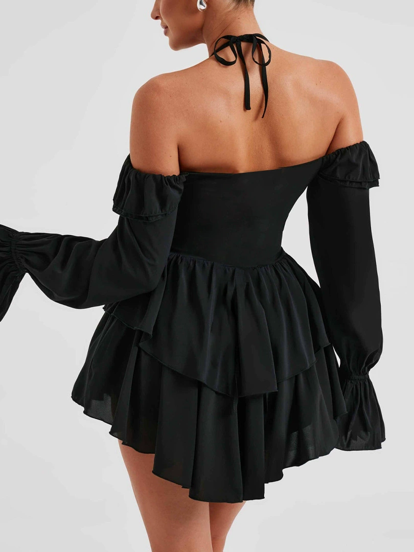 Свадебное/halter off-shoulder мини-платье, европейский стиль, воланная летняя комбинация, 83% полиэстер