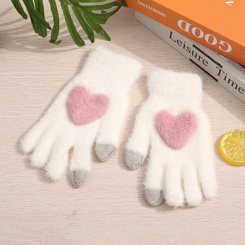 Winter Love Gloves Cute Thickened Korean Style fleece-lined Warm Cycling Five-Finger Student Touch Screen Cold-proof Ins