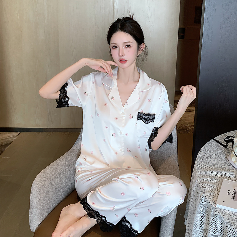 Lace Pink Rose Sweet Light Luxury Women's Short Sleeve Pajamas Ice Silk Early Spring Comfortable Home Clothes suit