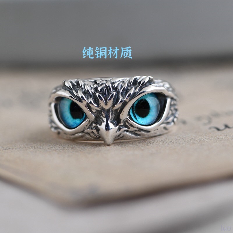 Anello aperto regolabile creativo esagerato con gufo vintage con occhio malvagio, stile transfrontaliero_voghion.com