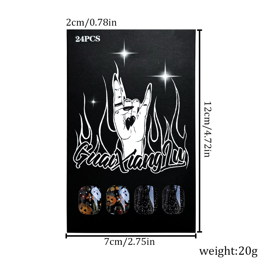 Armure carrée courte et brillante pour visage Halloween Gypsophile noire Orange Citrouille Fantôme Fleurs multicolores Nail Art noir brillant 24 pièces_voghion.com