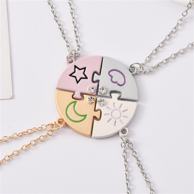 New Fashion Sun Moon Nebula Four-Piece Spliced ​​Best Friend Necklace Best Friend Student Accessories Gift One Piece Wholesale