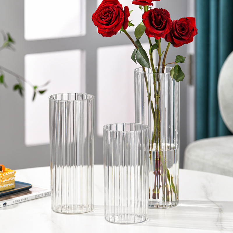 Jarrón de flores de plástico de sensación medieval de alta gama - Múltiples tamaños, alta transparencia, cubo despertador de flores, a prueba de caídas, imitación de vidrio, cubo para floristería/flores frescas