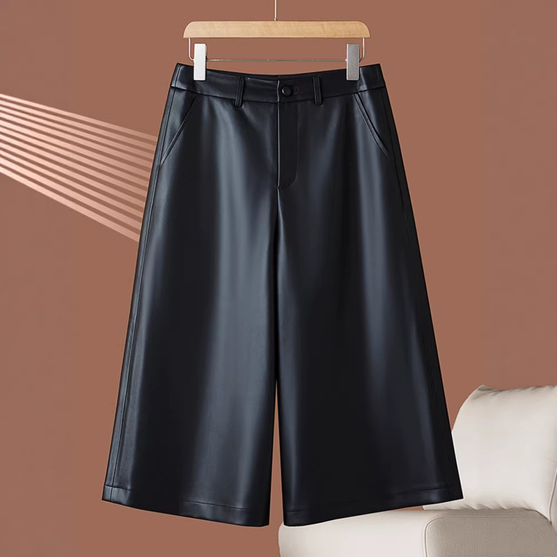 2026 New Haining Genuine Leather Pants for Women, High-Waisted Slimming Sheepskin Cropped Wide-Leg Pants, Stylish Casual Shorts