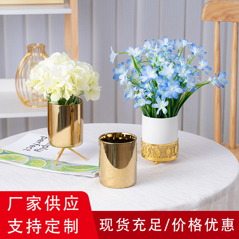 Fábrica al por mayor creativo de cerámica maceta florero de hierro soporte de flores galvanoplastia oro suculento planta verde hidropónico flor decorativa dispositivo