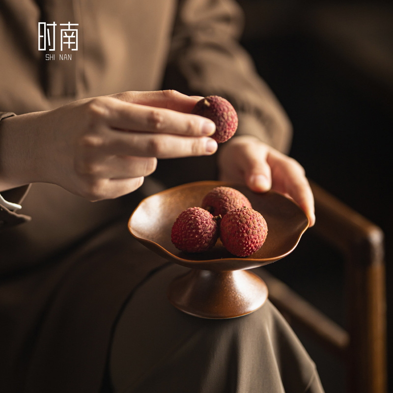 窑变中式高脚茶点盘小精致陶瓷水果盘复古茶室干果零食点心托盘|undefined