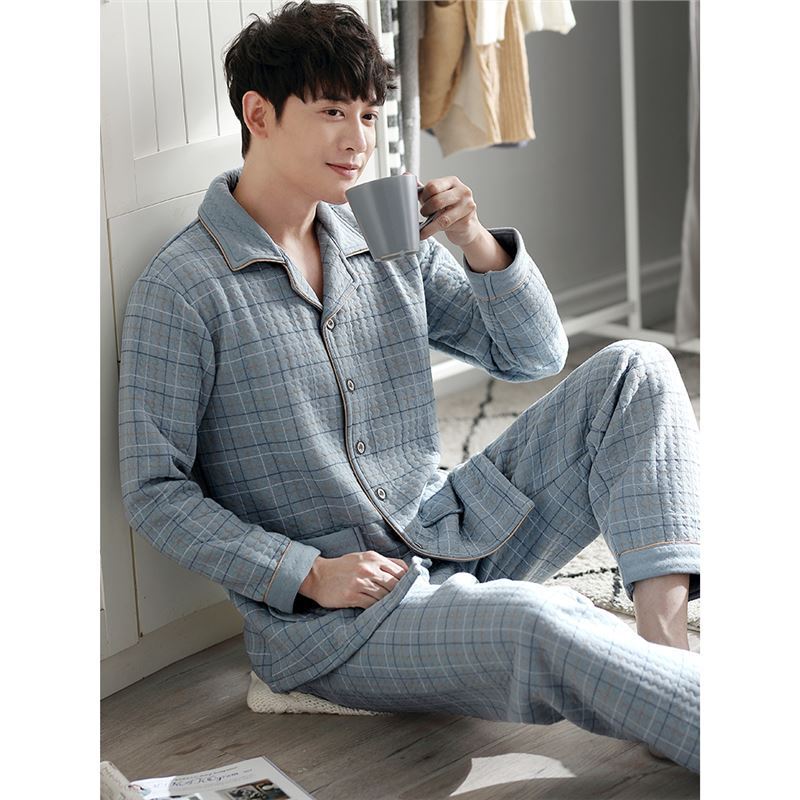 Pajamas Men's Spring and Autumn Thickened Cotton Long-sleeved Home Clothes Autumn and Winter Winter Thin Cotton Air Cotton Sandwich Pajamas Men's Spring and Autumn Thickened Cotton Long-sleeved Home Clothes Autumn and Winter Winter Thin Cotton Air Cotton Sandwich