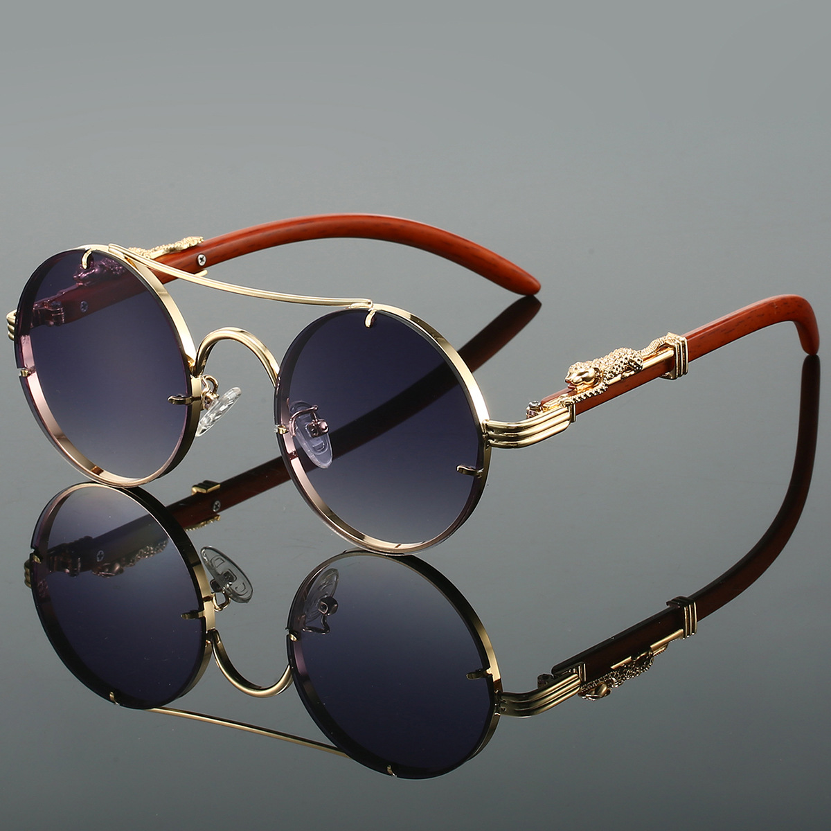 Europäische und amerikanische Retro-Doppelbrücke mit Leopardenkopf, grenzenloses Design, neue Unisex-Mode, trendige runde Fassung_voghion.com