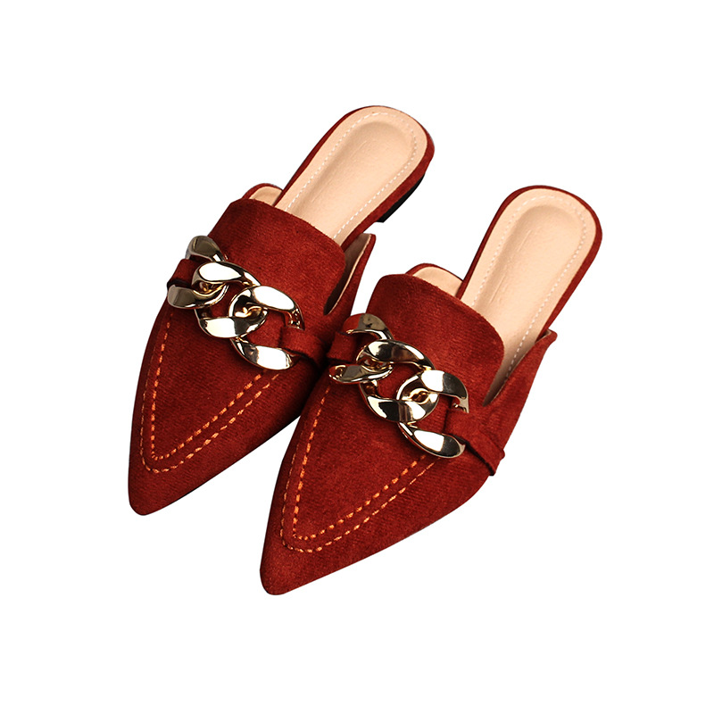 Flat half slippers women's spring and autumn new pointed metal chain Muller shoes 41-43 foreign trade shoes wholesale_voghion.com
