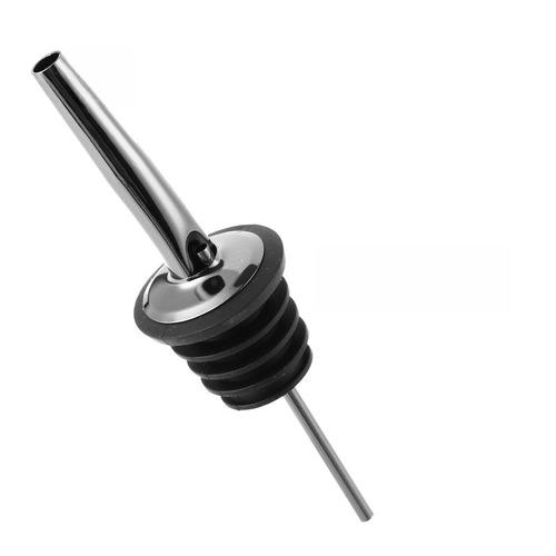 Stainless steel wine pourer with black wine stopper, small black cap, wine dispenser with cap, pour spout, bottle stopper, and cocktail shaker.