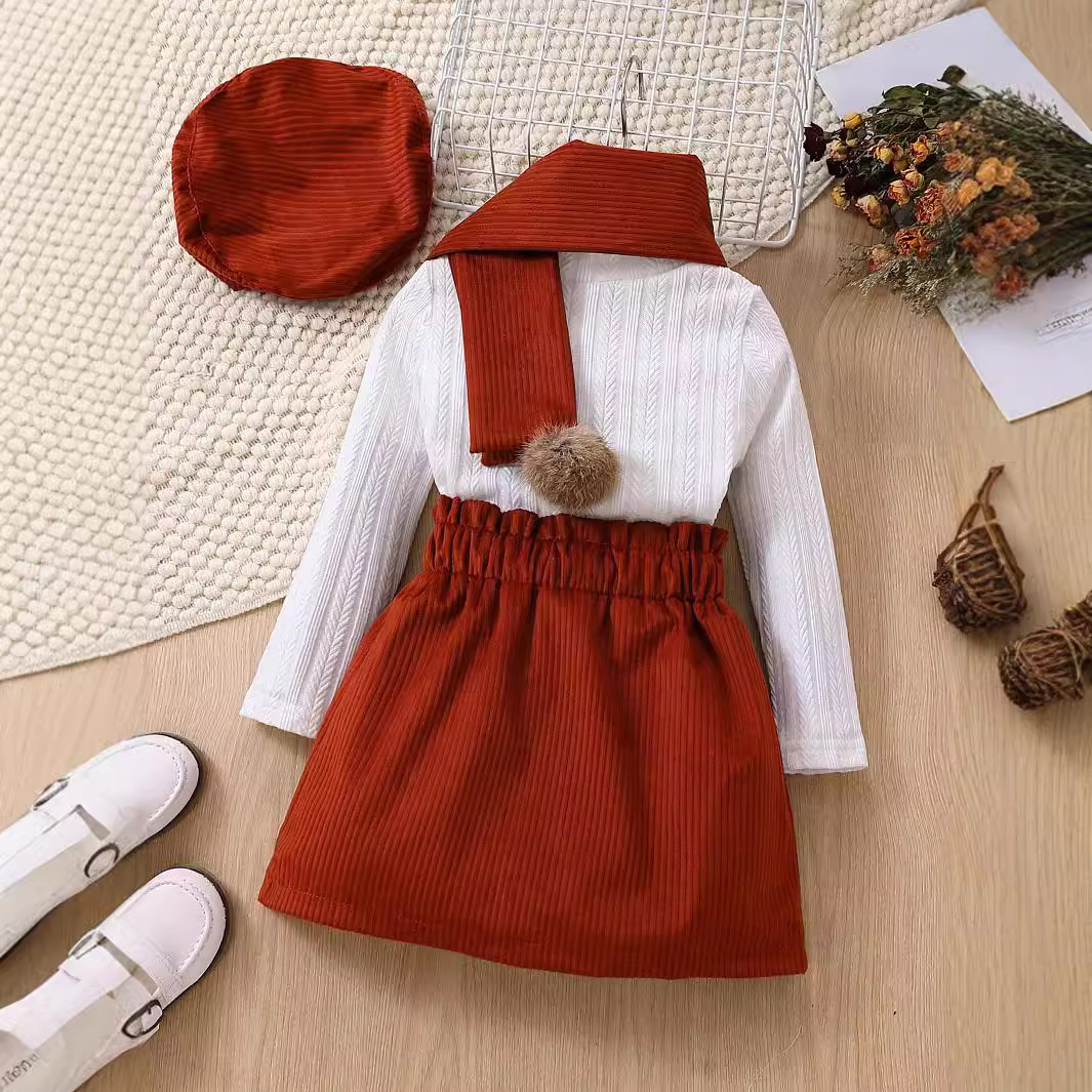 Abbigliamento per bambini, moda bambina, gonna corta a maniche lunghe con sciarpa a palline di lana + basco, set da 4 pezzi_voghion.com