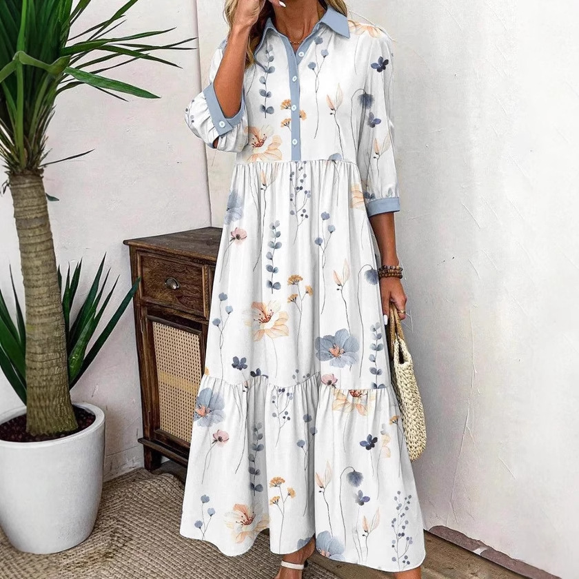 2025 European and American Clothing Cross-Border European and American Amazon New Dress Casual Printed Shirt Long Skirt Spring and Summer