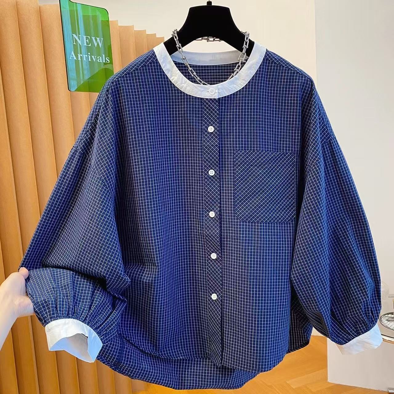 韩系减龄圆领小格子衬衫女长袖2025新款早秋装宽松气质灯袖上衣