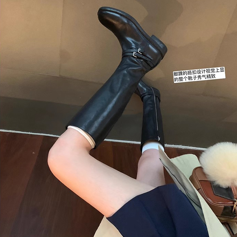 Grape Mom otoño e invierno nuevo ~ Doble hebilla con cabeza redonda pero botas altas con cremallera lateral en la rodilla botas de caballero de tacón grueso mujeres
