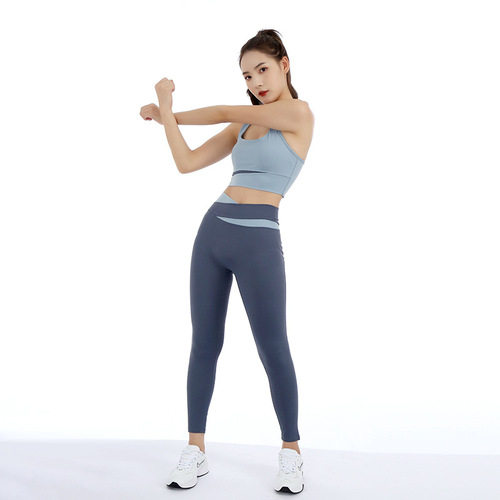Cross-border color-blocking high-waist yoga pants indoor exercise fitness suit set with tall length elastic waist-lifting high-waist yoga set
