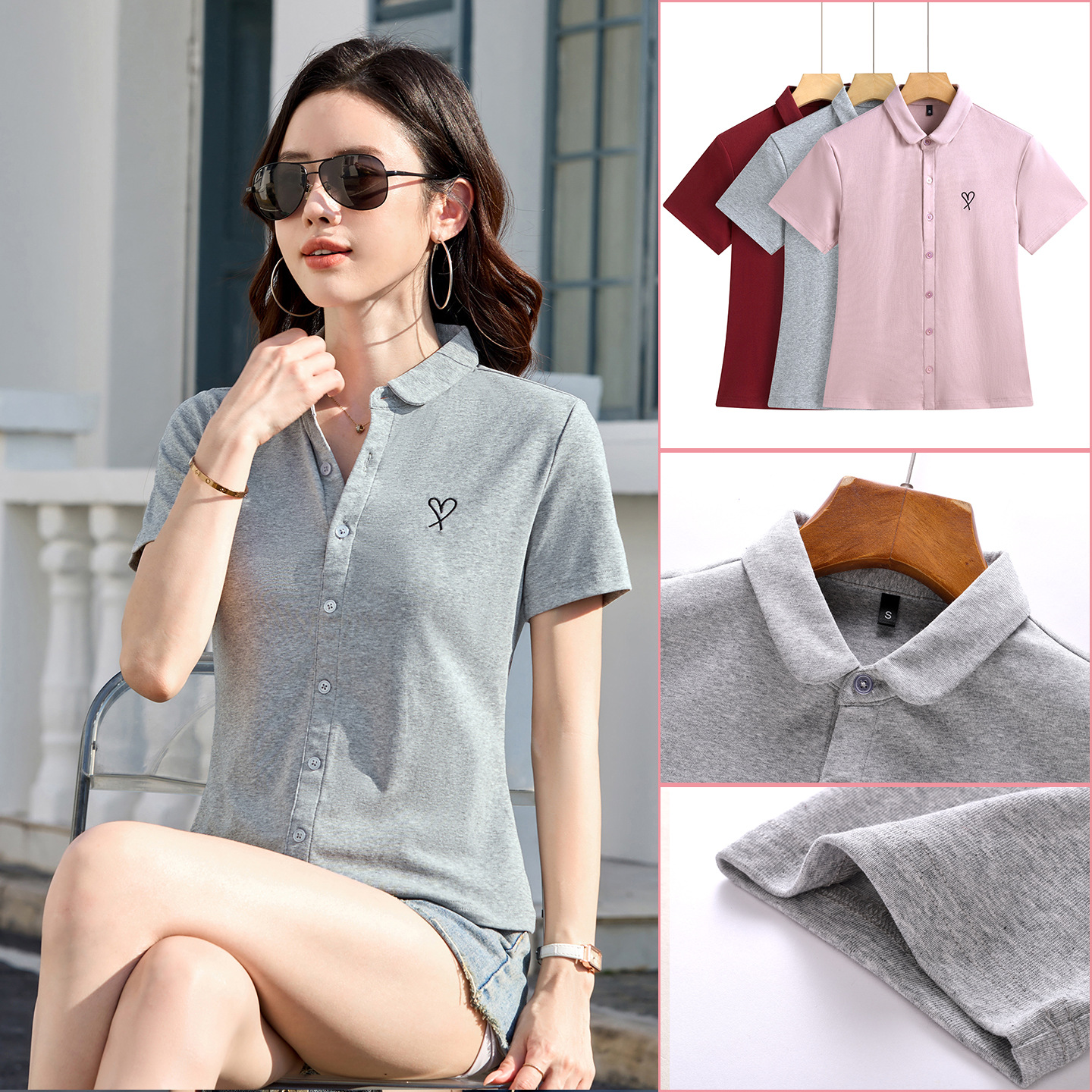 2026 Spring Solid Color Shirt for Women Casual Embroidered Short Sleeve Women's T-Shirt Versatile Button-Up Top New Style 336