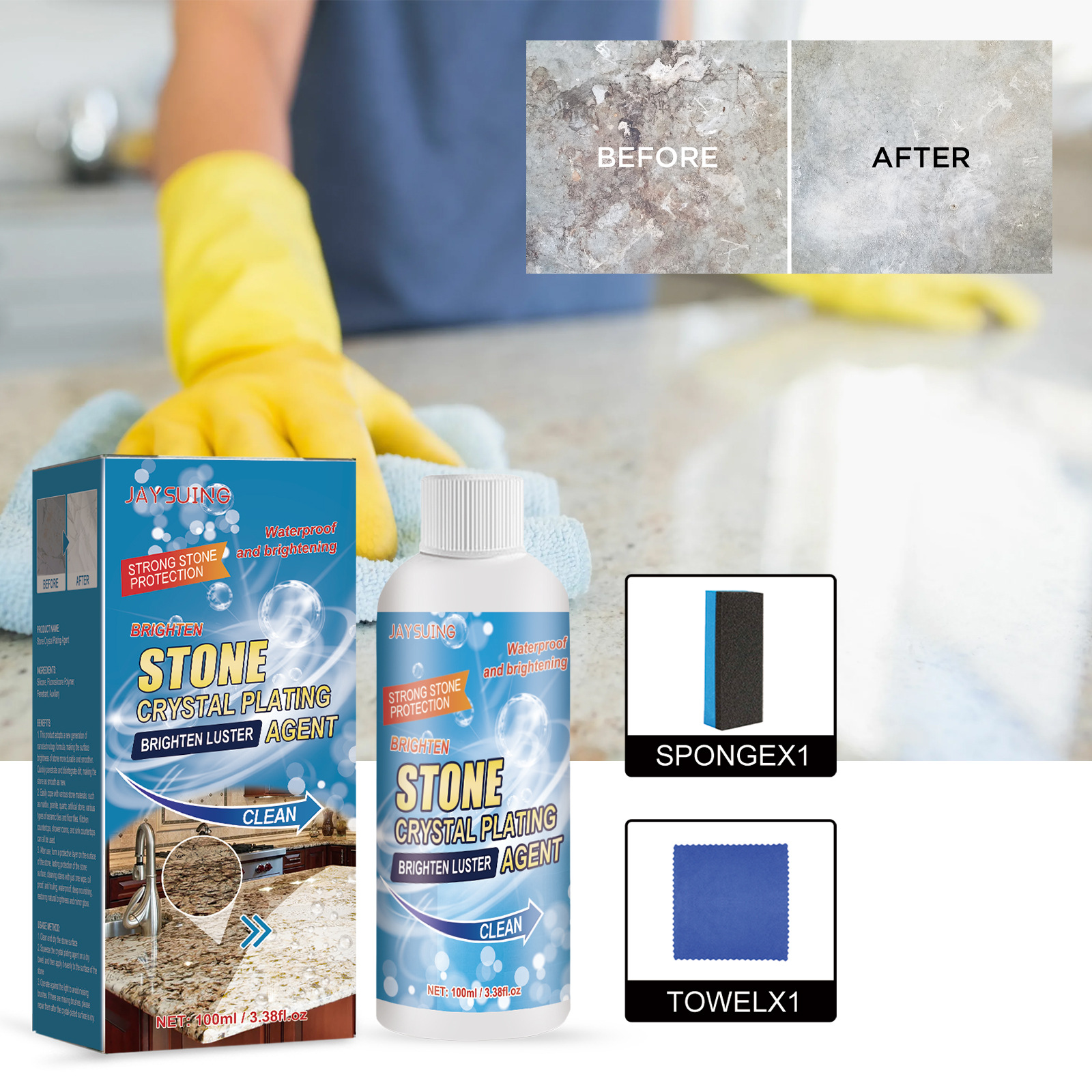 Jaysuing Stone Crystal Agent for Kitchen Quartz Stone Countertops - Scratch Repair, Stain Cleaning, and Shine Enhancer