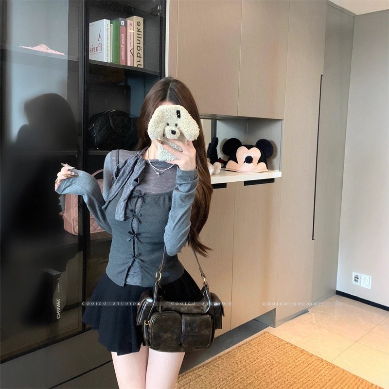 韩系时尚套装气质绑带长袖T恤女秋季修身显瘦百搭吊带背心两件套|undefined