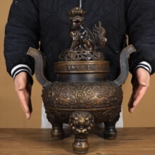 纯铜朝冠耳狮盖兽足炉宣炉家用香炉大号三足炉鼎炉盘香炉供奉香炉
