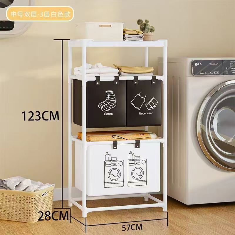 Cesta de doble capa de almacenamiento de ropa sucia, estante de baño, cesta de almacenamiento, cesta de lavandería, almacenamiento de clasificación, tubo de acero grueso, retención