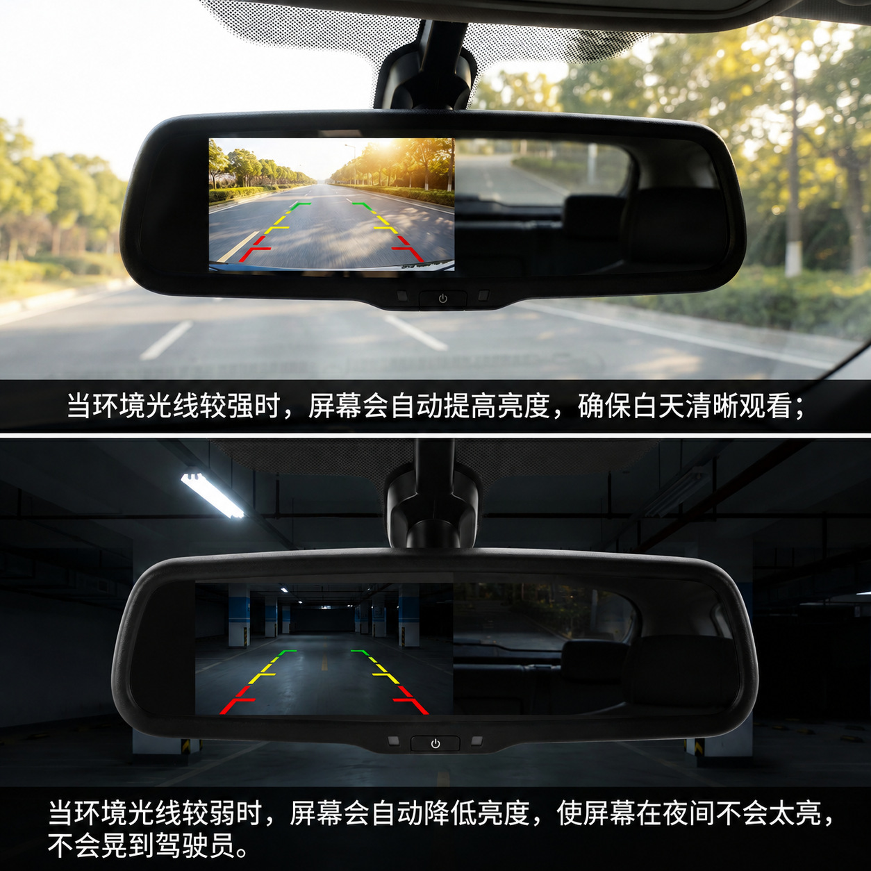Specialized Rearview Mirror Type with Priority Reversing Image Screen, Automatic Brightness Adjustment, Reversing Image Display