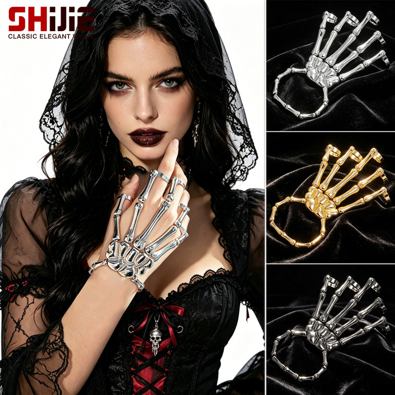 Halloween Dark Punk Style Skeleton Bracelet Metal Imitation Skeleton Ghost Claw Bracelet Fingerless Bracelet Hand Jewelry Halloween Dark Punk Style Skeleton Bracelet Metal Imitation Skeleton Ghost Claw Bracelet Fingerless Bracelet Hand Jewelry