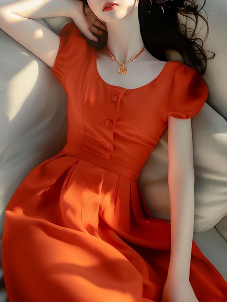 Váy dài cổ tròn tay phồng màu cam FL240395 phong cách trưởng thành nhẹ nhàng tôn dáng eo — Màu cam chi tiết 4