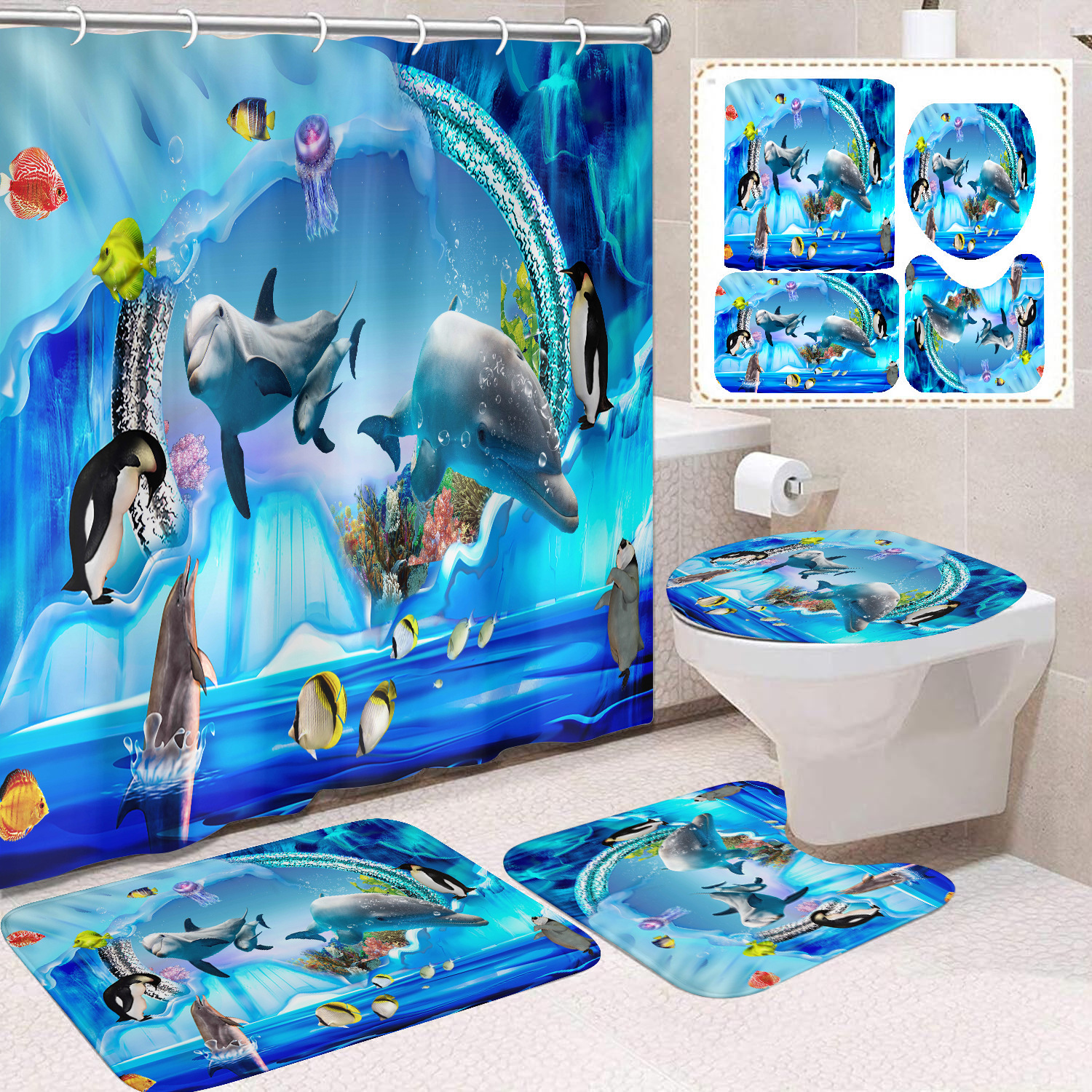 Cortina de ducha transfronteriza con diseño de delfines azules, estampada digitalmente, de poliéster, sin perforaciones, para baño, decoración del hogar image 48
