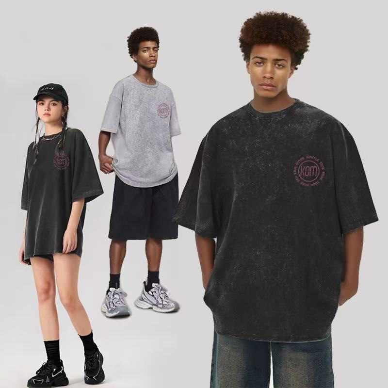 Comercio exterior transfronterizo pesado camiseta de manga corta hombre lavado retro cuello redondo suelto hip-hop estilo americano camisa de hombro en la moda