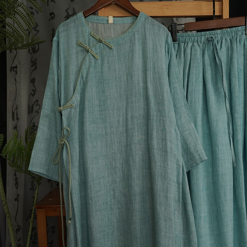 New Style Chinese Fried Color Ramie Contrast Buckle Single Layer Full Side Open Cheongsam Skirt 221364 Skirt