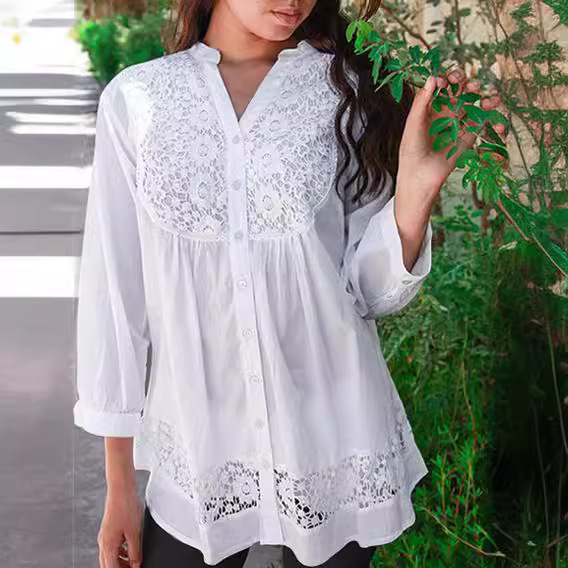 Cross-border Foreign Trade Women's 2023 New Style Elegant Casual Lace Stitching Button Front 3/4 Sleeve V-neck Top