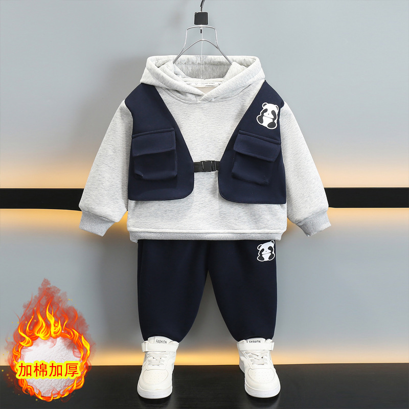 6360 ropa para niños traje de otoño e invierno para niños 2025 nueva ropa de invierno más suéter grueso de terciopelo traje de dos piezas deportivo para bebés