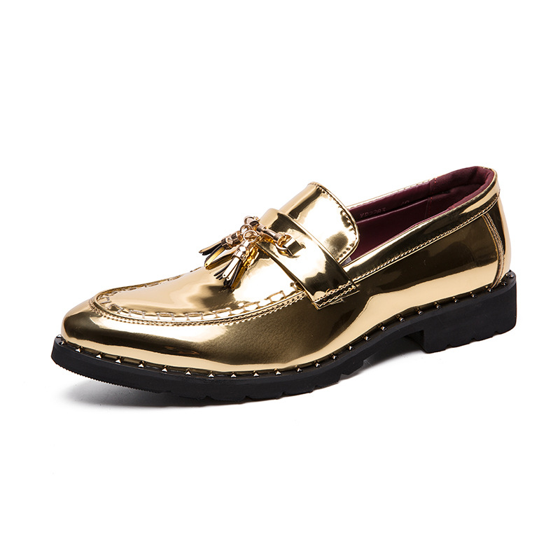 Golden with tassels pointed hairstyles, designer plus size spring and autumn British style lacquered leather shoes,_voghion.com