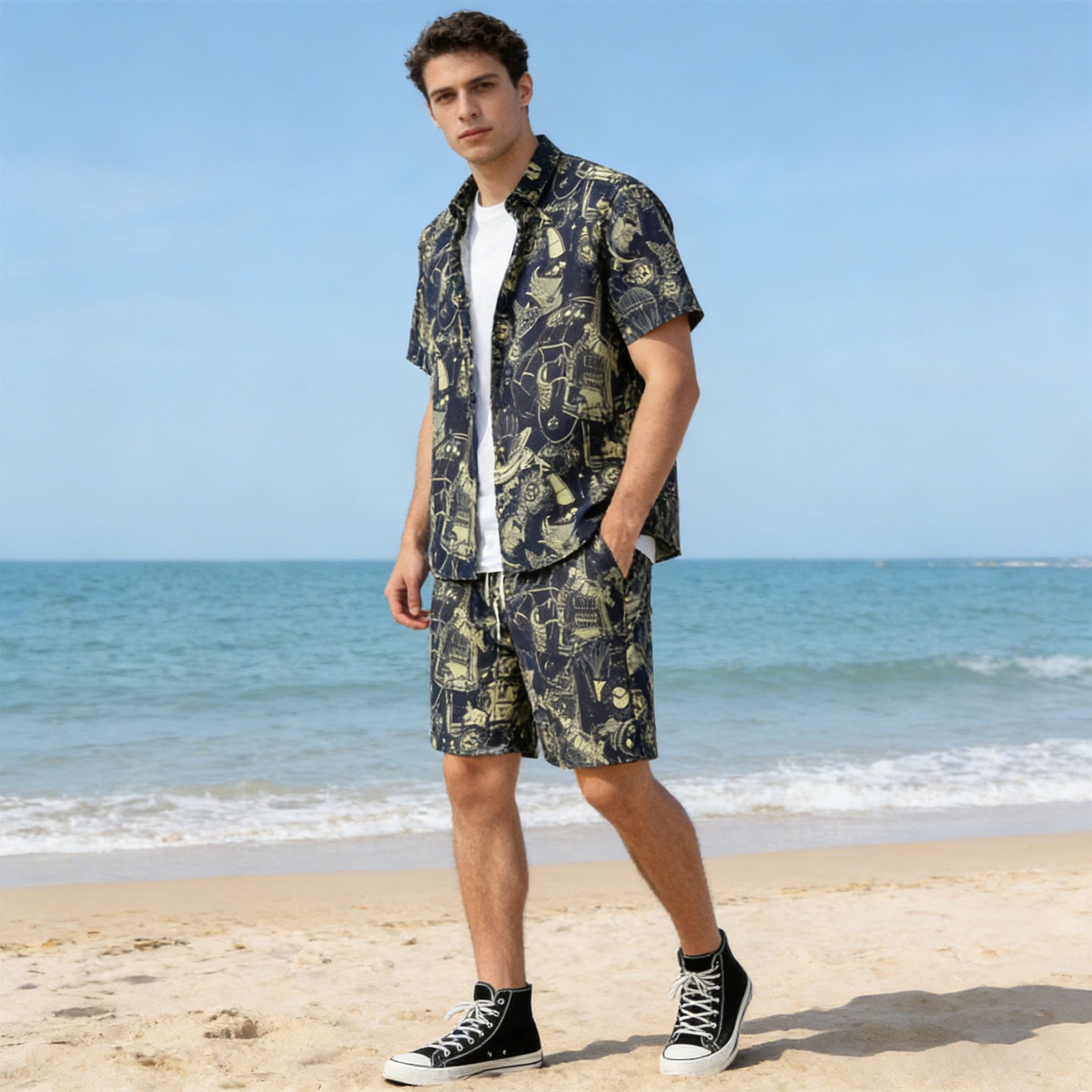 Comercio exterior transfronterizo personalidad tattoos camisa de mangas cortas para hombres camisa suelta de estilo general camisa de hielo delgada camisa adolescente